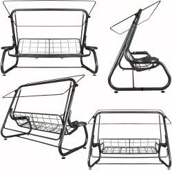 Metalowa huśtawka ogrodowa z daszkiem, idealna do ogrodu. Konstrukcja w kolorze czarnym.