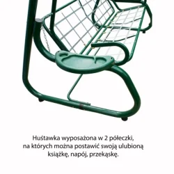 Huśtawka ogrodowa metalowa zielona, do ogrodu. Wyposażona w półeczki i widoczne siedzisko.