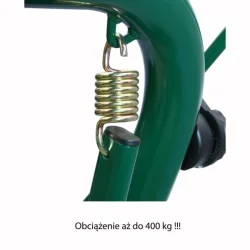 Zielony metalowy element huśtawki ogrodowej z widoczną sprężyną. Przeznaczona do ogrodu.