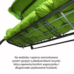 Huśtawka ogrodowa do ogrodu, w kolorze zielonym, widoczna w całości.