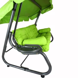 Metalowa huśtawka ogrodowa z baldachimem, w kolorze zielonym. Idealna do ogrodu lub na taras.