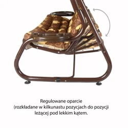 Metalowa huśtawka ogrodowa z regulowanym oparciem, brązowa, w kwiatowy wzór. Idealna do ogrodu lub na taras.