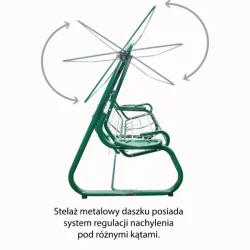 Metalowa huśtawka ogrodowa z regulowanym daszkiem, kolor zielony, całość widoczna z boku.