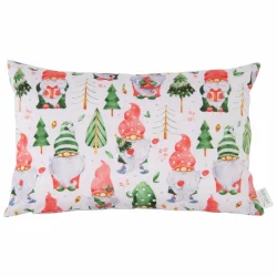 Jaśki świąteczne na kanapę z motywem krasnali i choinek, pojedynczy jasiek w kolorach zielonym, czerwonym i białym.