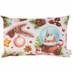 Jaś dekoracyjny na święta, do domu na kanapę. Wzór z bombkami, szyszkami i kulą śnieżną na białym tle.