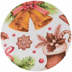 Poduszki świąteczne na sofę z wzorem dzwonków i gałązek, czerwono-zielone akcenty.