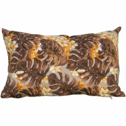 Poduszka dekoracyjna na kanapę w brązowe liście i żółte kwiaty.