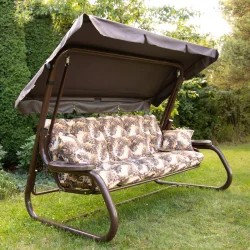 Poduszki na huśtawkę ogrodową 150cm, komplet z jaśkami i daszkiem, wzór liście, brązowe odcienie.