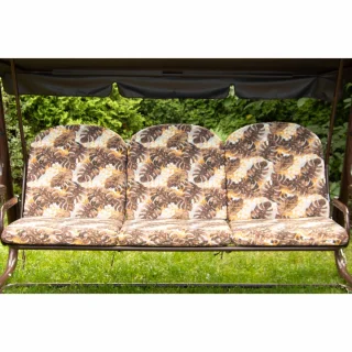 Poduszki na huśtawkę ogrodową z tropikalnym wzorem w odcieniach brązu i zieleni.