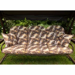 Poduszki ogrodowe na huśtawkę, wzór liście, w odcieniach brązu i beżu. Komplet składa się z dużych poduszek i jaśków.