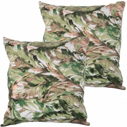 Poduszki dekoracyjne do ogrodu w liściasty wzór, dominujące zielenie i brązy. Komplet dwóch sztuk.