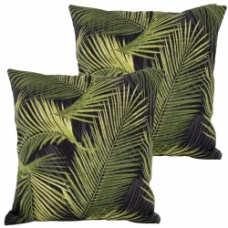 Poduszki dekoracyjne do ogrodu z zielonym wzorem liści na czarnym tle. Komplet dwóch sztuk.