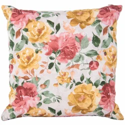 Poduszka dekoracyjna do wnętrz z kwiatowym wzorem w odcieniach różowego, żółtego i zielonego.