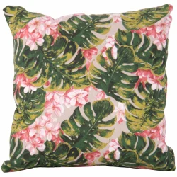 Poduszka dekoracyjna do wnętrz, z motywem tropikalnym w zielone liście i różowe kwiaty.