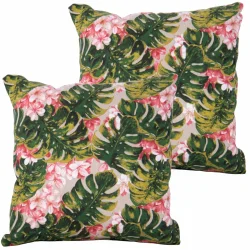 Poduszki dekoracyjne do ogrodu z tropikalnym wzorem liści i kwiatów w zieleni i różu. Komplet dwóch sztuk.