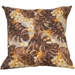 Poduszka dekoracyjna do domu, na kanapę, z tropikalnym wzorem w brązowych i pomarańczowych odcieniach.