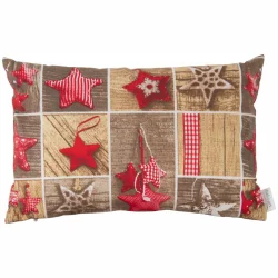 Poduszka świąteczna na kanapę, pojedynczy jasiek. Wzór czerwonych gwiazdek na tle drewnopodobnym.