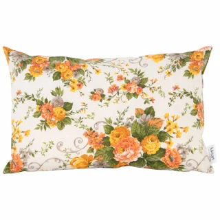 Poszewka dekoracyjna na poduszkę w kwiatowe wzory w odcieniach pomarańczowego, zielonego i żółtego. Idealna do salonu na kanapę.