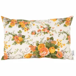 Poduszka dekoracyjna do salonu, z motywem kwiatowym w kolorach żółtym, pomarańczowym i zielonym.