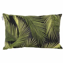Poduszka dekoracyjna na kanapę z wzorem zielonych liści palmowych na czarnym tle. Pojedynczy element do wnętrz.