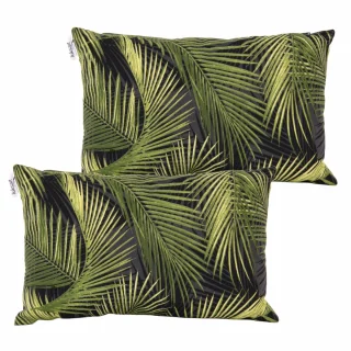 Zestaw poduszek dekoracyjnych na kanapę, z zielonym wzorem liści na czarnym tle.