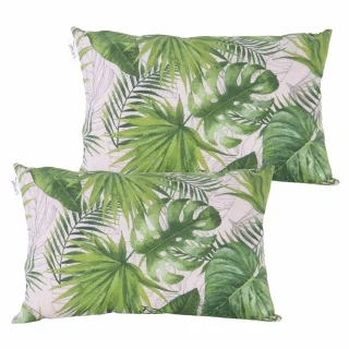 Zestaw poduszek dekoracyjnych na kanapę z zielonym wzorem liści.