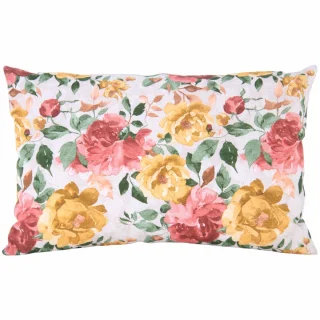 Poszewka dekoracyjna na poduszkę do domu, z kolorowym kwiatowym wzorem w odcieniach różu i żółci. Pojedyncza poszewka.