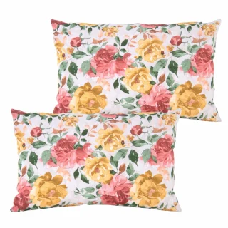 Zestaw jaśków dekoracyjnych na kanapę z kwiatowym wzorem w odcieniach różu i żółci.