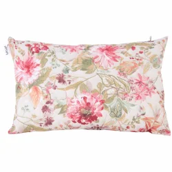 Poduszka dekoracyjna do domu w kwiatowy wzór. Dominuje różowy kolor z akcentami zieleni i beżu.