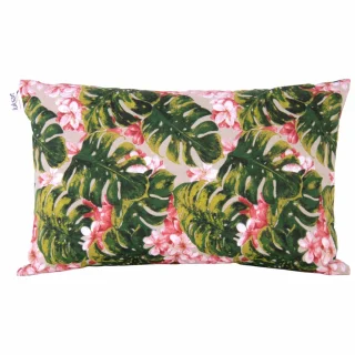Poszewka dekoracyjna na poduszkę do domu, pojedyncza, z wzorem liści monstera i kwiatów w odcieniach zieleni i różu.