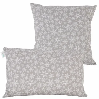 Zestaw jaśków świątecznych na kanapę, w szaro-białe płatki śniegu.