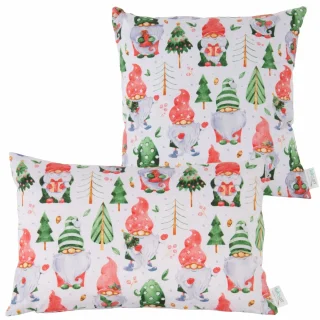 Jasiek świąteczny z motywem krasnali i choinek, idealny na kanapę. Zestaw dwóch poduszek w białej kolorystyce z kolorowymi wzorami.