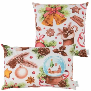 Zestaw jaśków bożonarodzeniowych na kanapę, biało-czerwone z wzorem świątecznym, zawierającym dzwonki, bombki i gałązki.