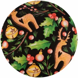 Świąteczny jasiek dekoracyjny na sofę, pojedynczy. Czarne tło z motywem reniferów i liści ostrokrzewu.