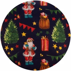 Poduszka świąteczna z motywem Mikołaja i choinki, idealna na kanapę. Wzór z gwiazdkami i prezentami na ciemnym tle.