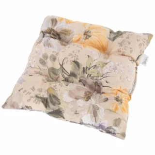 Poduszka na krzesło, pojedyncza sztuka, z kwiatowym wzorem w odcieniach beżu i pomarańczy.