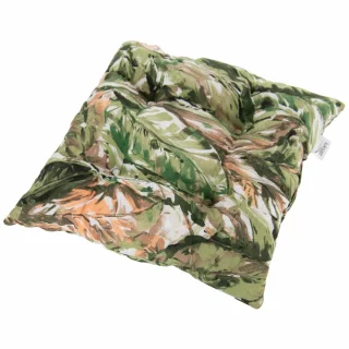 Poduszka na krzesło, pojedyncza sztuka, z wzorem roślinnym w odcieniach zieleni i pomarańczu.