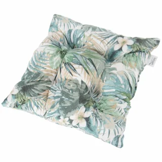 Poduszka na krzesło, pojedyncza sztuka, w tropikalny wzór z zielonymi liśćmi i białymi kwiatami.