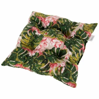 Poduszka na krzesło, pojedyncza sztuka, z tropikalnym wzorem zielonych liści i różowych kwiatów.