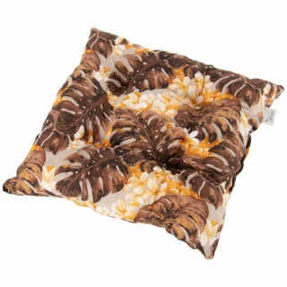 Poduszka na krzesło, pojedyncza sztuka, brązowy wzór z motywem liści i kwiatów.