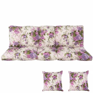 Poduszki ogrodowe 170cm na ławkę, komplet z jaśkami, kwiatowy wzór w odcieniach fioletu i zieleni.