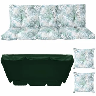 Poduszki ogrodowe 180cm na huśtawkę, komplet w roślinny wzór z zielonym daszkiem.