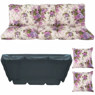 Poduszki ogrodowe 180cm, na huśtawkę, komplet z jaśkami i daszkiem. Wzór kwiatowy w odcieniach fioletu.