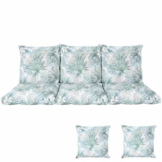 Poduszki ogrodowe 180cm na ławkę, komplet z jaśkami. Zielono-biały wzór roślinny.