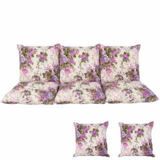 Poduszki ogrodowe 180cm na ławkę, zestaw z poduszkami bocznymi. Wzór kwiatowy w odcieniach różu i fioletu.
