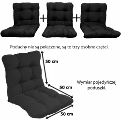 Poduszki ogrodowe 150 cm, czarne, na huśtawkę. Pojedyncze poduszki z jaśkami, zestaw trzech części. Idealne do ogrodu lub na taras.