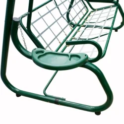 Siedzisko metalowe do huśtawki ogrodowej w kolorze zielonym.Produkt ma miejsce na tacki boczne z uchwytem na napoje.
