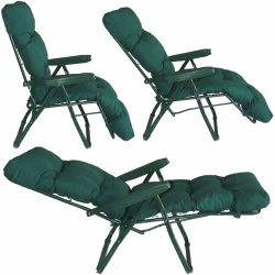 Kompletny stelaż leżaka ogrodowego z zielonym materacem, przeznaczony do użytku w ogrodzie.
