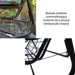 Huśtawka ogrodowa metalowa, przeznaczona do ogrodu. Konstrukcja w kolorze ciemnym z kolorowym siedziskiem o roślinnym wzorze.
