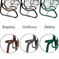 Huśtawka ogrodowa metalowa, dostępna w kolorach brązowym, grafitowym i zielonym. Idealna do ogrodu lub na taras.